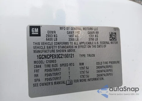 2012 Chevrolet Silverado 1500 Work Truck z USA, uszkodzony, nr VIN 1GCNCPEX0CZ190121